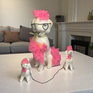 1950s MCM Hand Painted West Pac Japan Pink Poodle & Puppies Porcelain Figurines